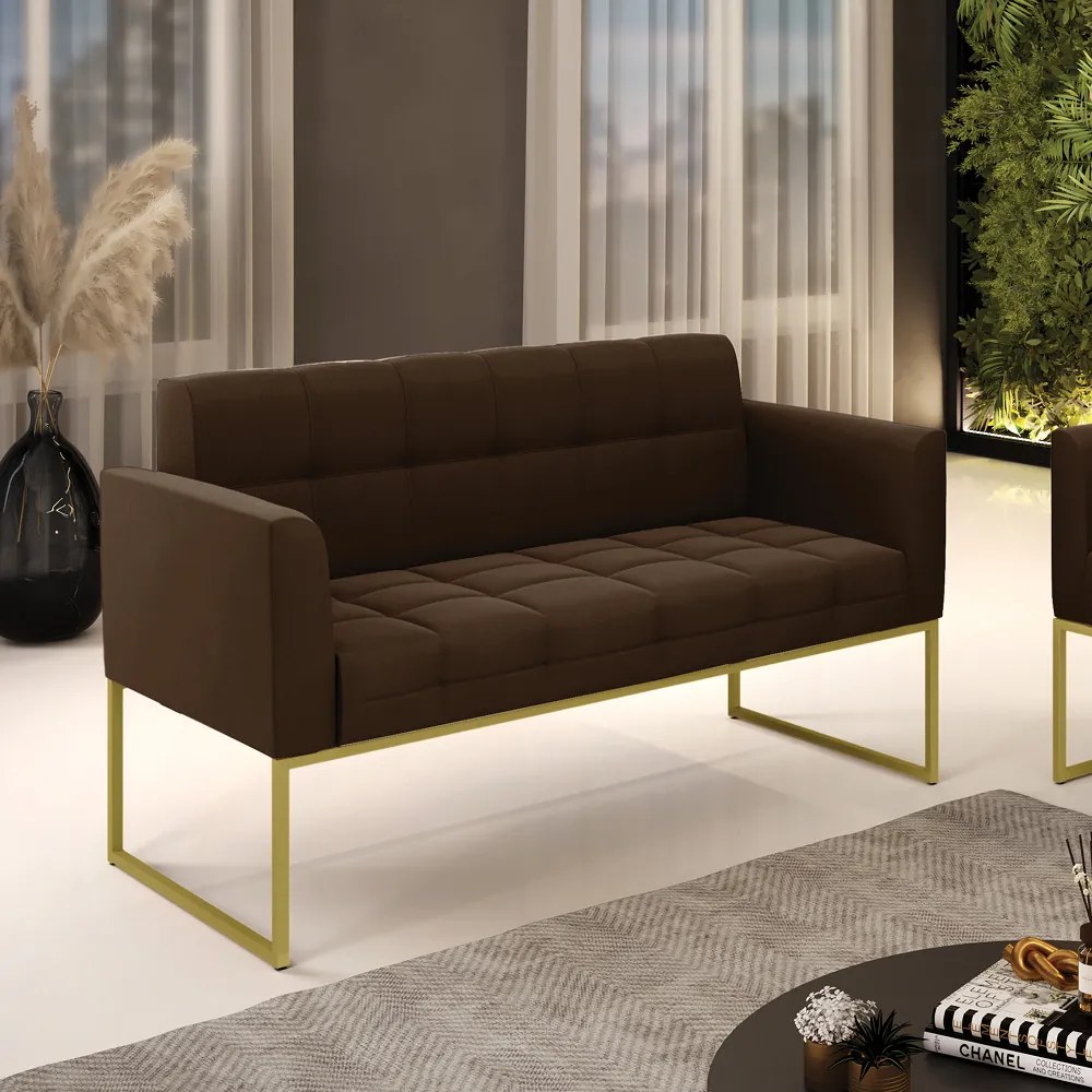 Sofá Namoradeira Elisa Suede Marrom Base Metálica Industrial Dourado - D'Rossi
