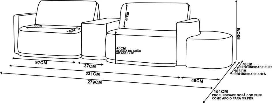 Sofá Sala Modulado 279cm com Puff Console USB Luminária Brumma Bouclê K01 - D'Rossi - Off White
