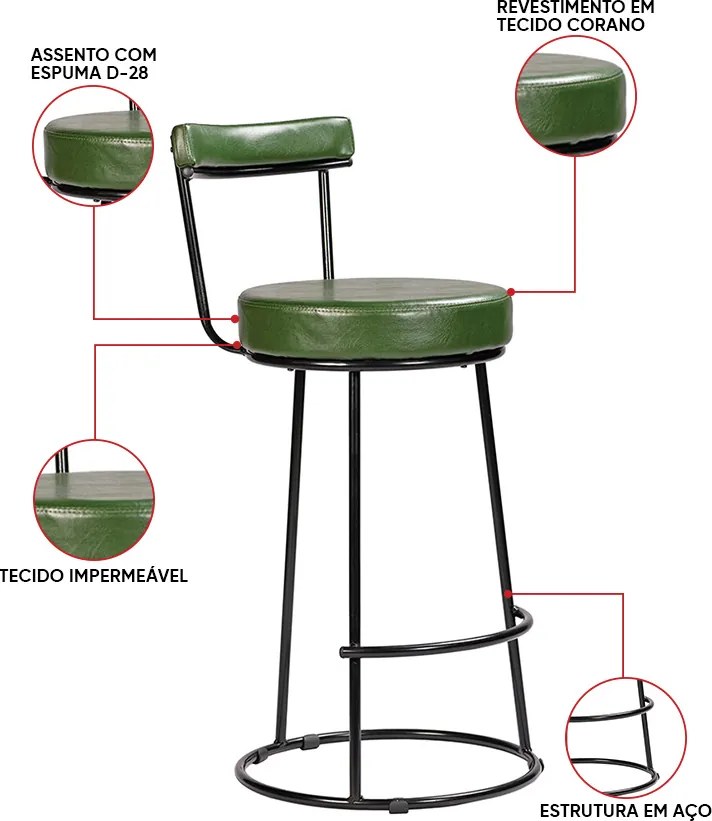 Banqueta Alta Cozinha 70cm Encosto Industrial Aço Kit 2 Ziria Pu S02 - D'Rossi - Verde