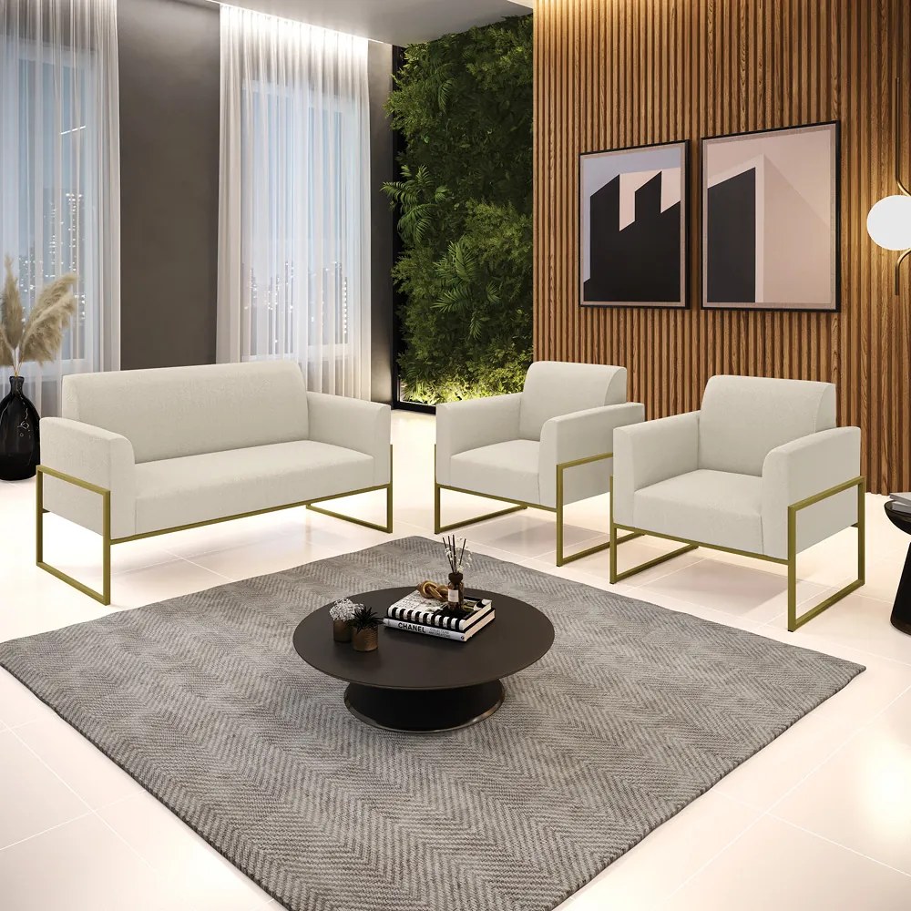 Namoradeira e 2 Poltronas Industrial Alta Dourado Marisa Bouclê Bege