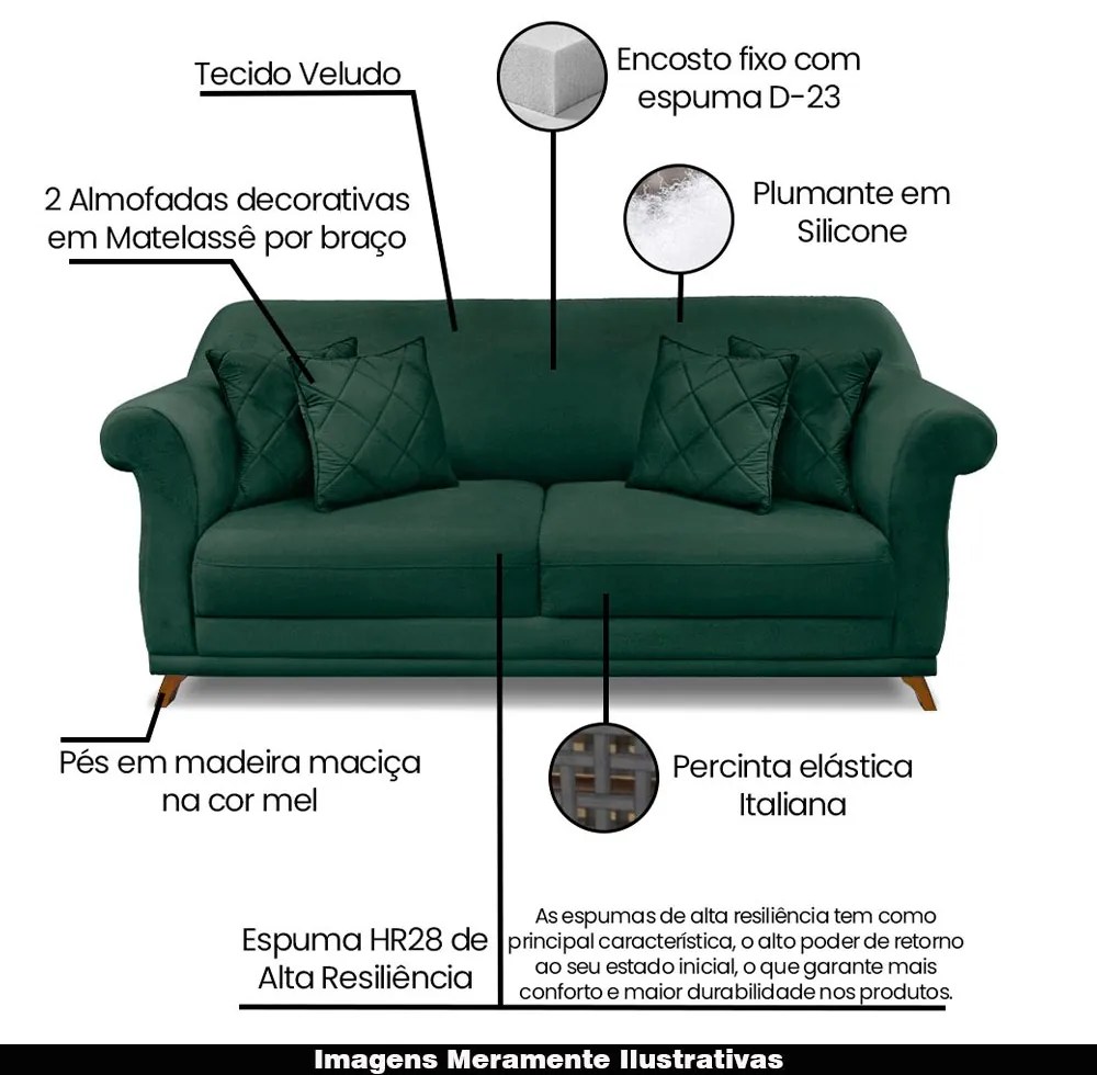 Sofá Decorativo 200cm 3 Lugares com 4 Almofadas Armstrong Veludo Verde Floresta G63 - Gran Belo