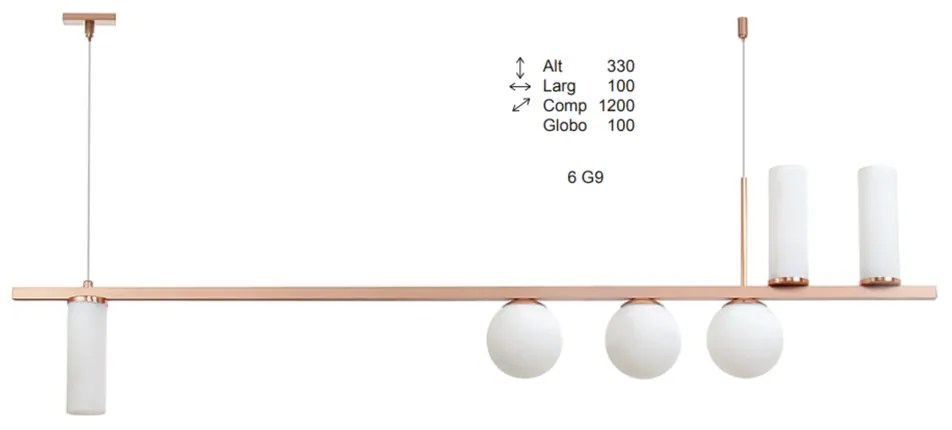 Pendente Durness Vidro Misto Assimetrico 120X10X33Cm Com Globos Ø10Cm... (DOURADO FOSCO)