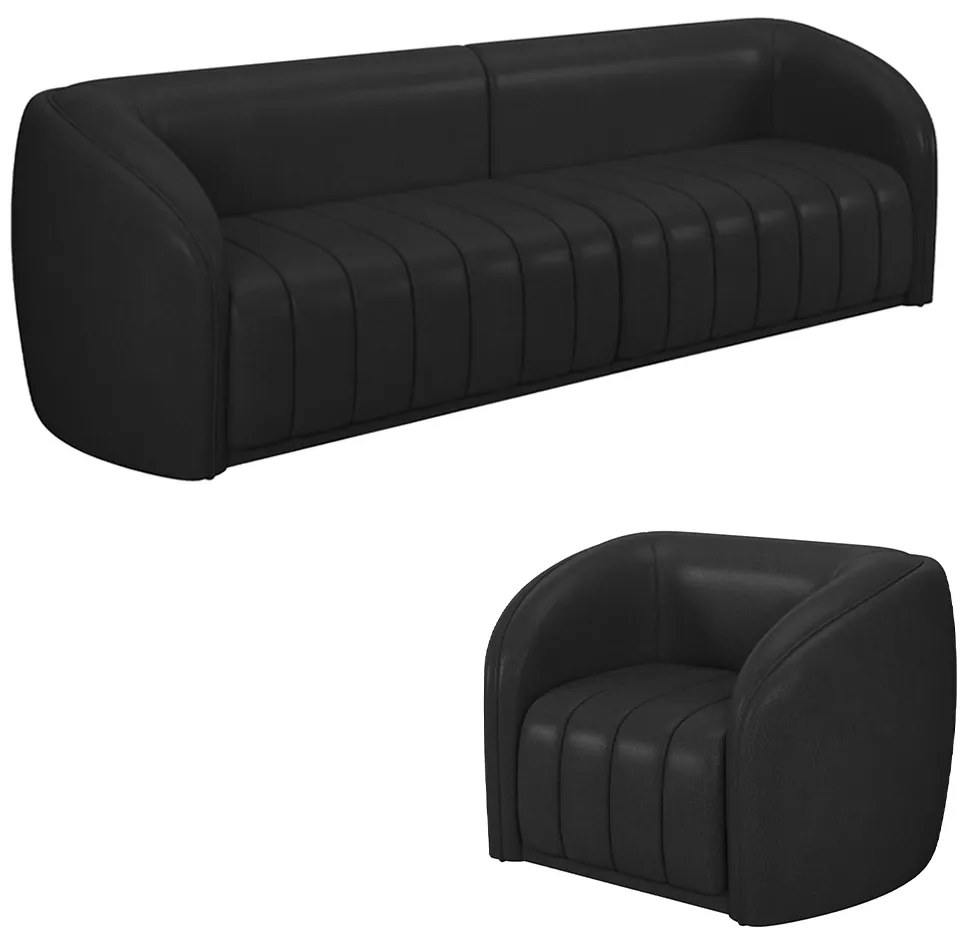 Conjunto Sala de Estar Sofá 252cm 3 Lugares e Poltrona Adam PU Preto G45 - Gran Belo