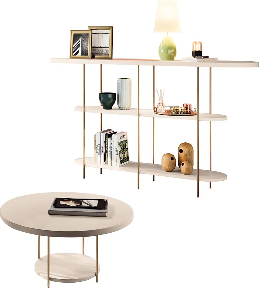 Conjunto Mesa Centro Sky Tampo MDF e Aparador Inifnity com Pés em Aço Off White G26 - Hb Móveis