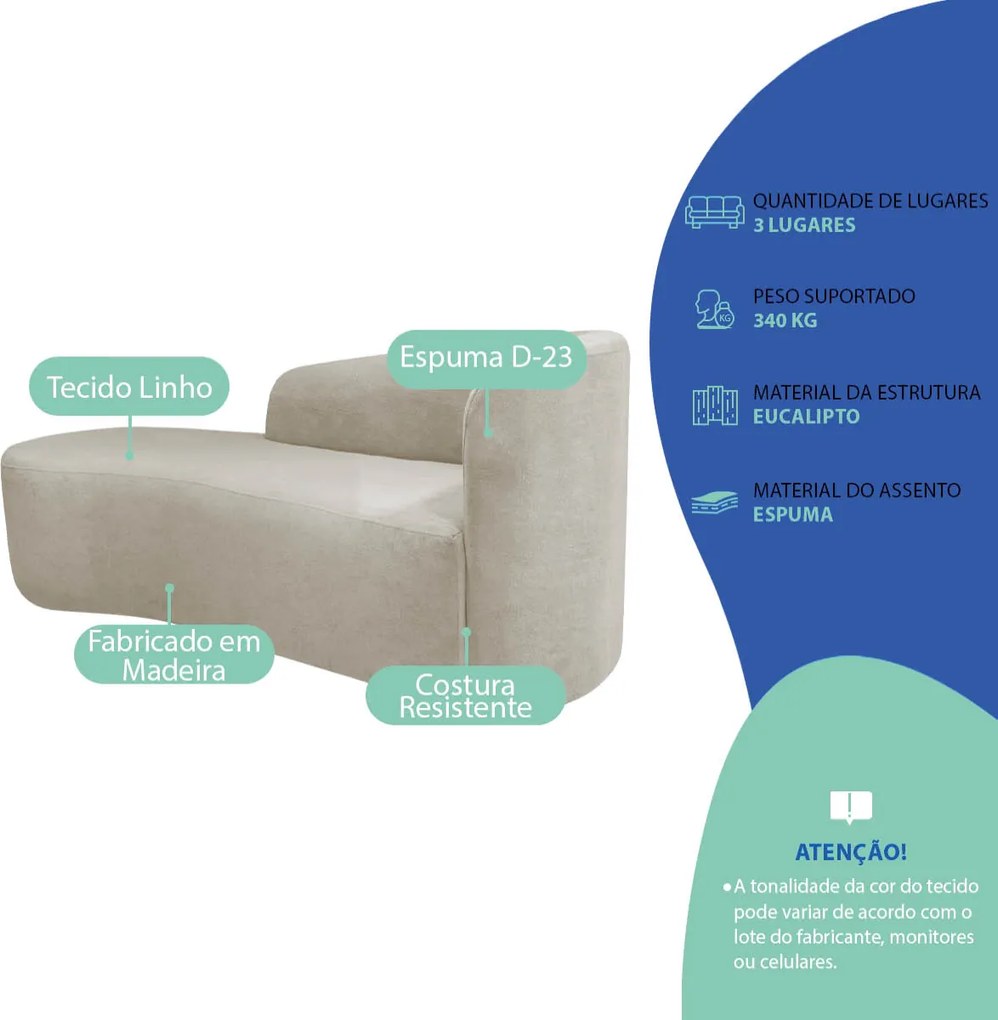 Kit Divã Recamier Orgânico França 220cm Lado Esquerdo e 2 Poltronas Amore Linho