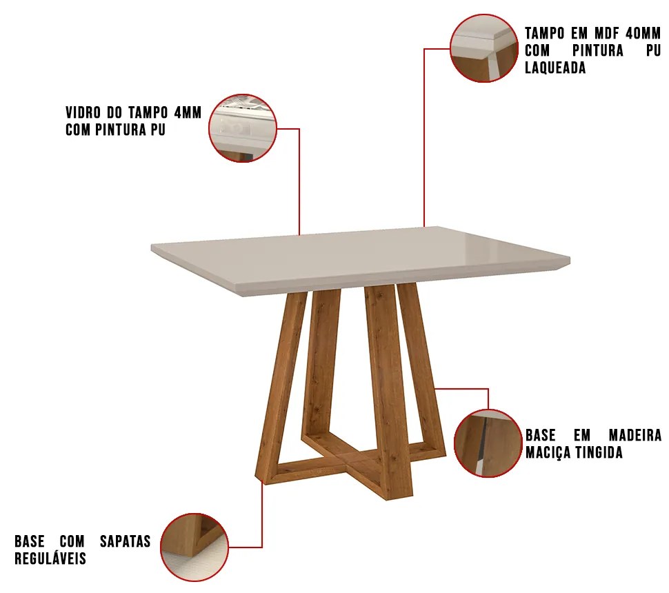 Mesa de Jantar Brenda 120x90 cm Off White com Base de Madeira Mel - D'Rossi