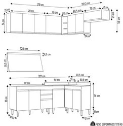 Armário de Cozinha Modulado de Canto 7 Peças CP20 Balcão com Tampo Bra