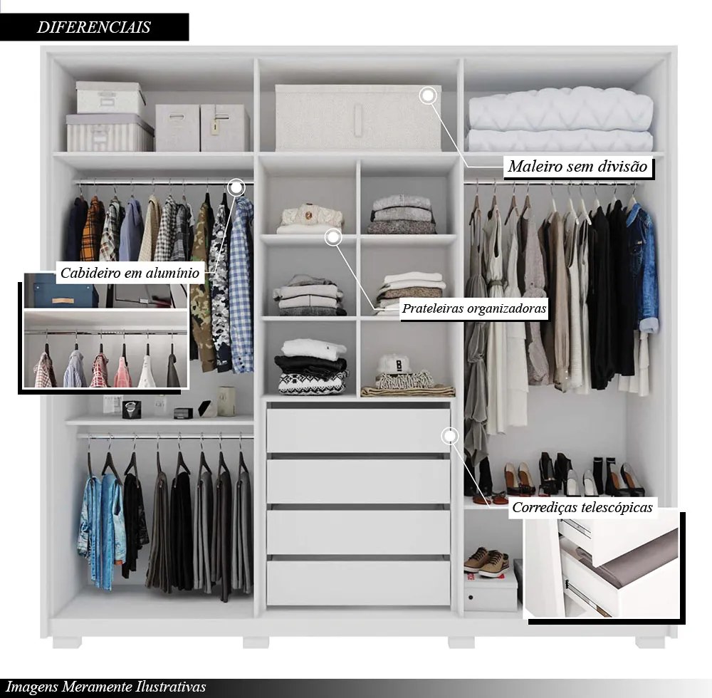 Guarda Roupa Casal Nilus 250cm com 6 Portas 4 Gavetas Ripado MDP Branco G11 - Gran Belo