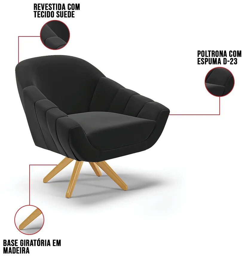 Kit 01 Namoradeira 02 Lugares e 02 Poltronas Giratória Giovana Suede Base Madeira MA30 D03 - D'Rossi - Preto