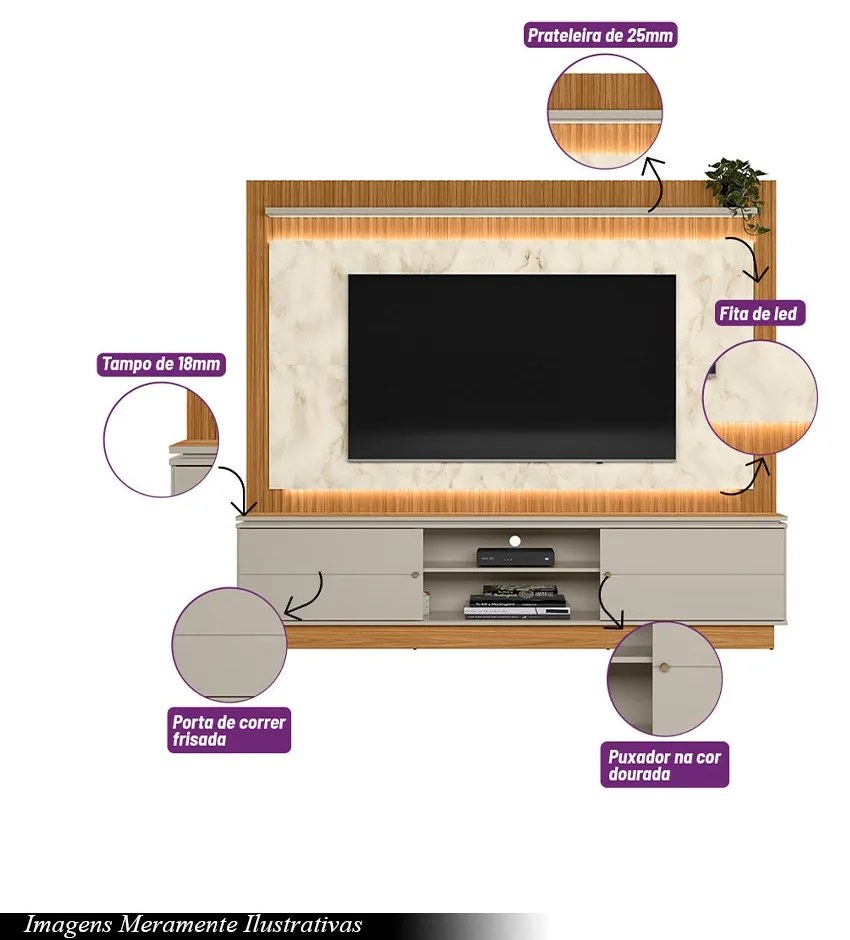 Estante Home 215cm Valdivia com LED Detalhe Marmorizado para Tv até 75 Nature/Off White G77 - Gran Belo