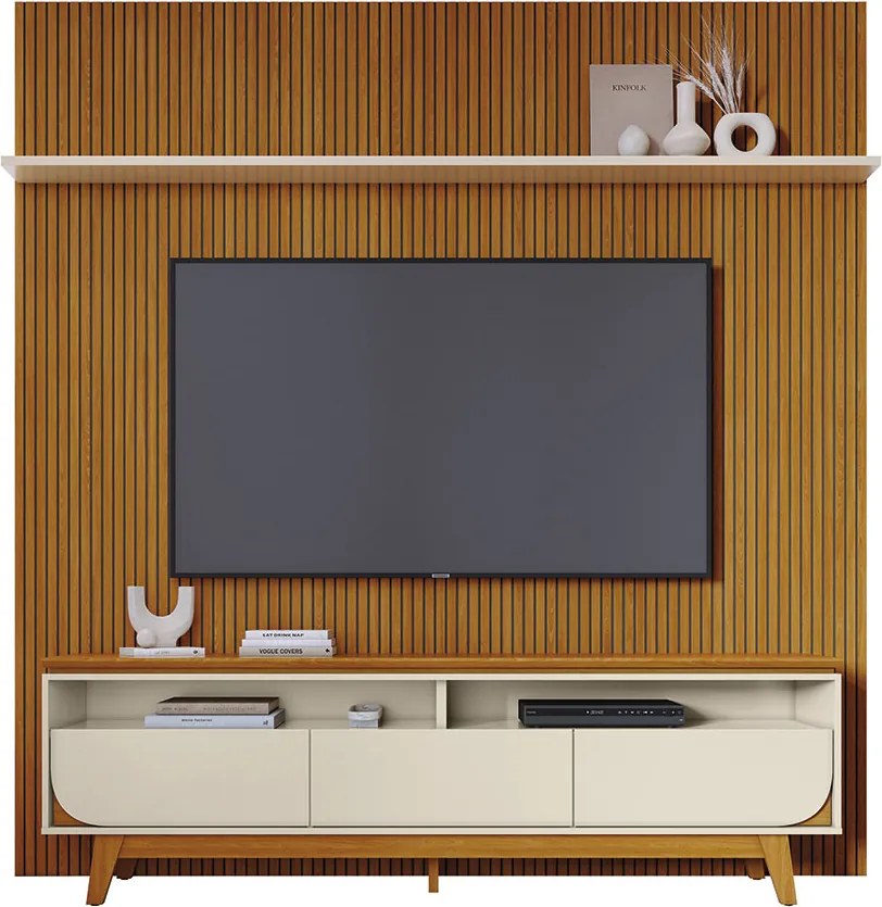 Conjunto Painel com Bancada Andrew 3 Gavetas MDP até 75 Cinamomo/OffWhite G97 - Gran Belo