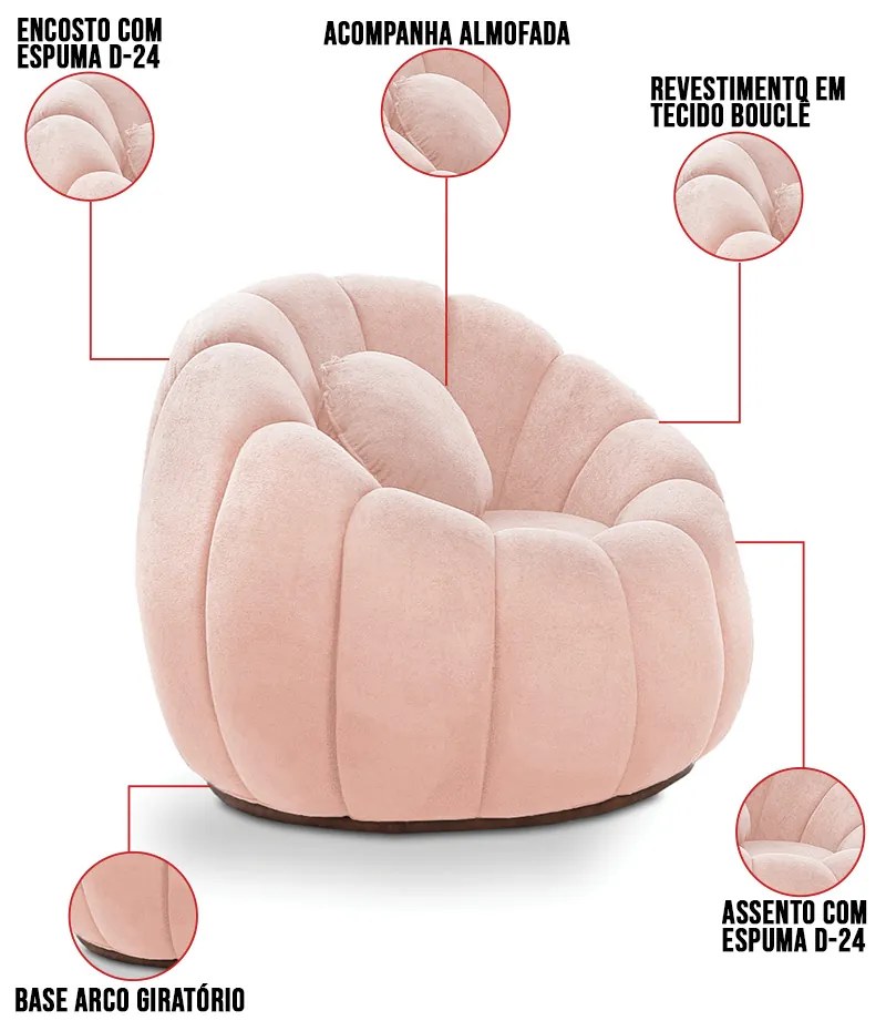 Sofá 2 Lugares com Poltrona Giratória Orgânica Cloud Bouclê E03 - D'Rossi - Rose
