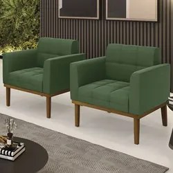 Poltrona Base Madeira Castanho Kit 2 Ana Suede Verde - Ibiza
