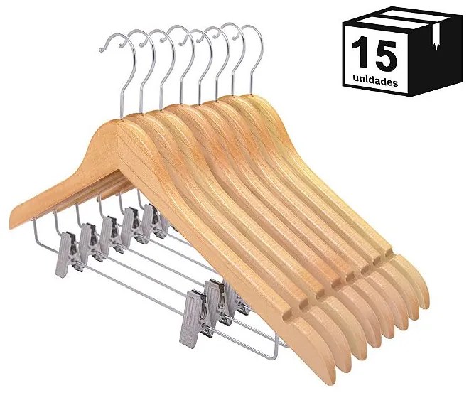 Kit 15 Cabides De Madeira Nobre Verniz Marfim com Presilha