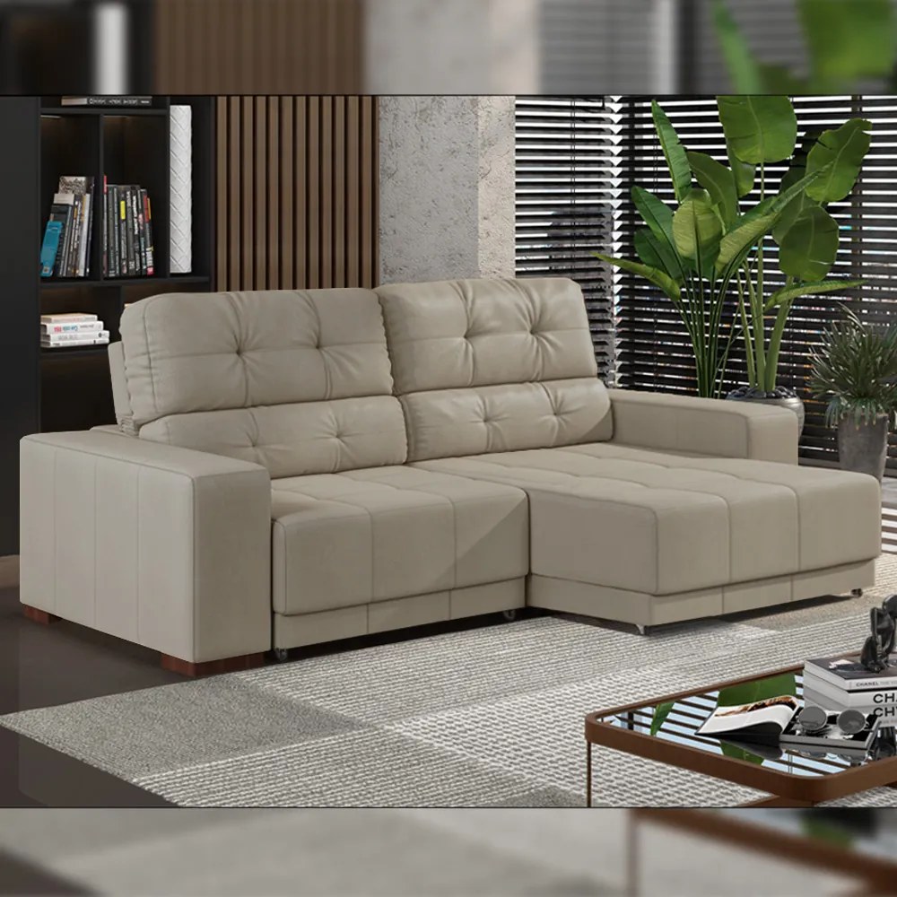 Sofá Sala de Estar Retrátil e Reclinável 3 Lugares Lisboa 210cm Couro Off White G58 - Gran Belo