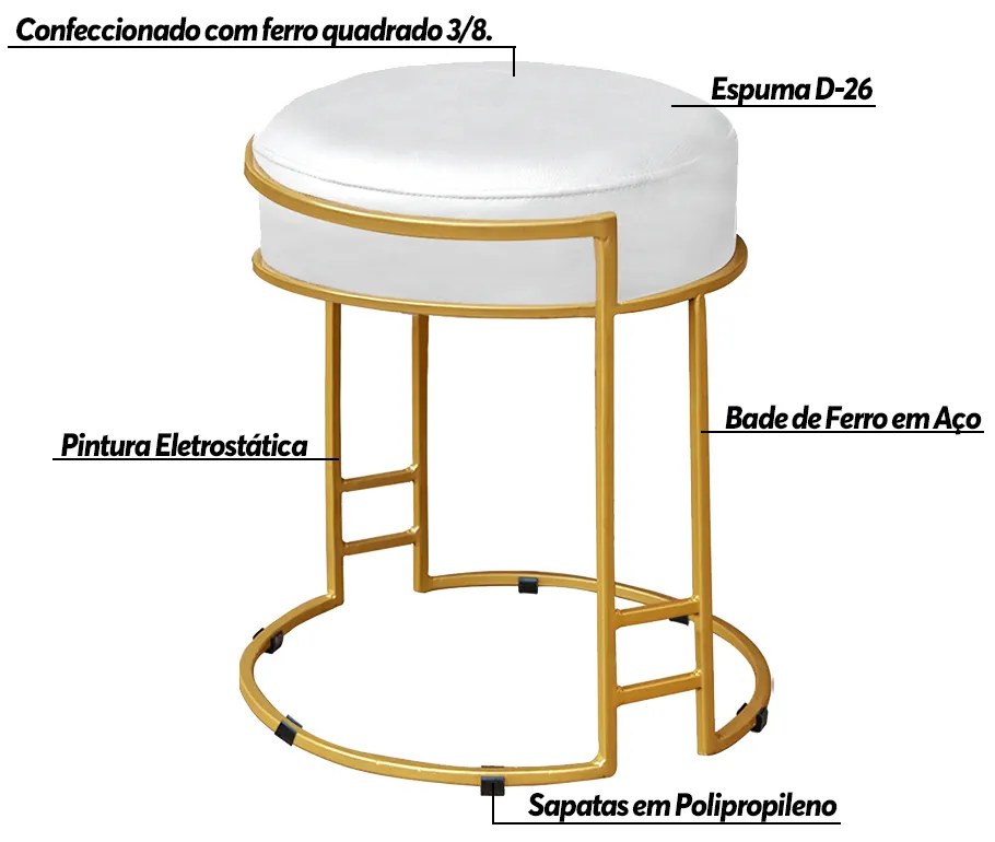 Kit 2 Puffs Decorativos Redondo Sakura Base Metal Dourado Corano Branco G41 - Gran Belo