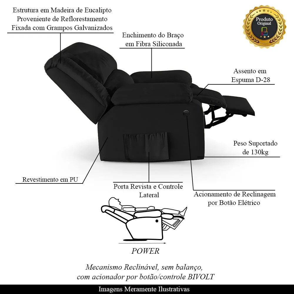 Poltrona do Papai Reclinável Sala de Cinema Madrid Power Elétrica PU Preto G23