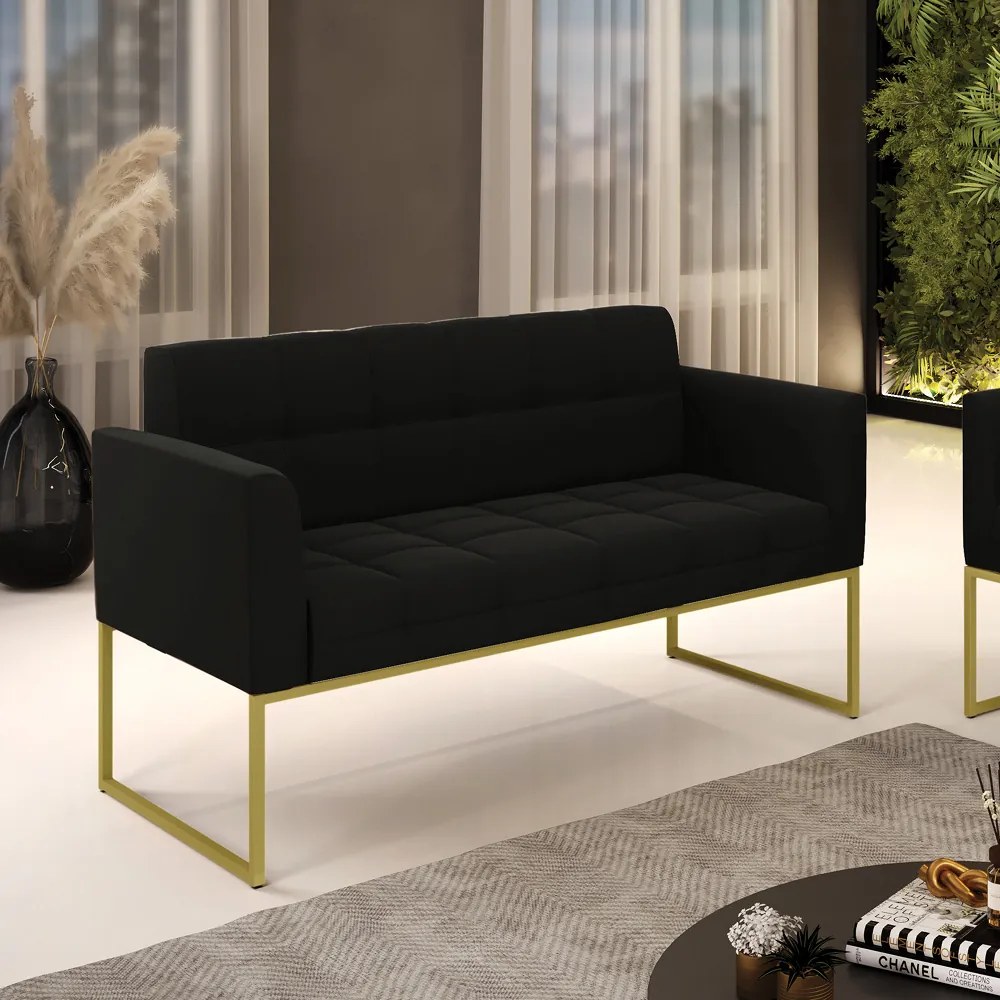 Sofá Namoradeira Elisa Suede Base Metálica Industrial Dourado - D'Rossi - Preto