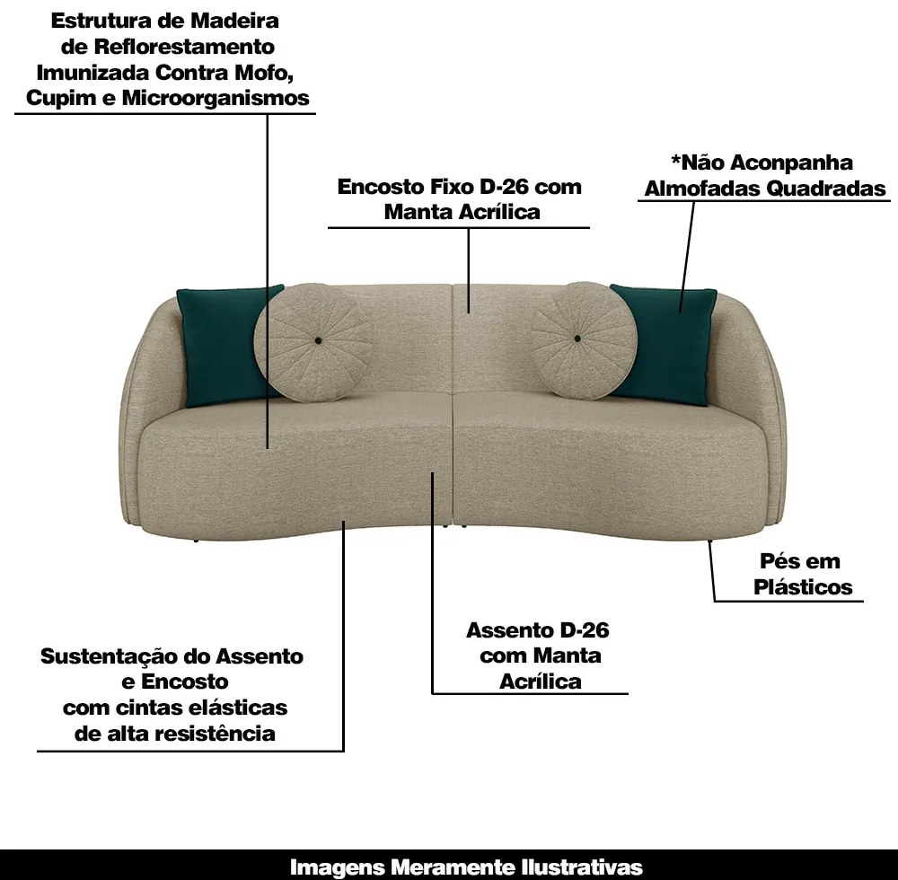 Conjunto Decorativo Sofá 288cm e Poltrona Clarke com Puff Round Linho Bege G45 - Gran Belo