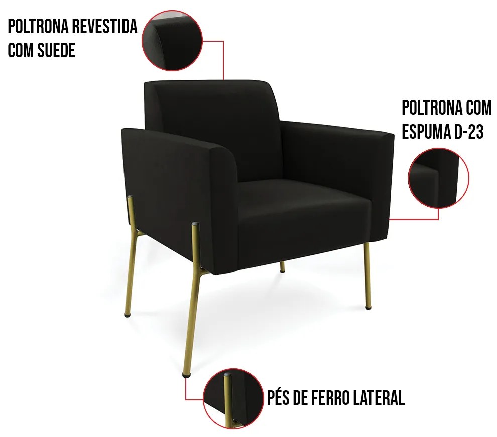 Poltrona Pé de Ferro Dourado Decorativa Marisa Suede D03 - D'Rossi - Preto