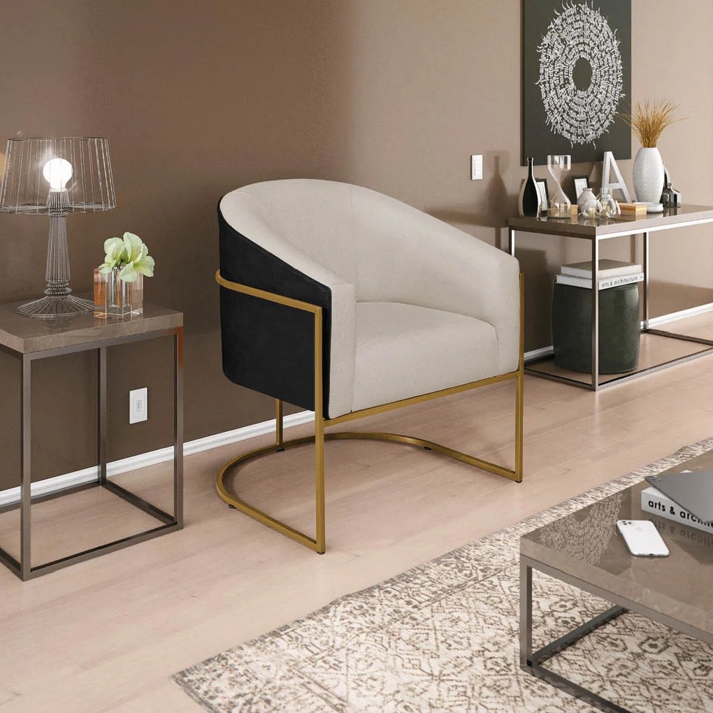 Kit 02 Poltronas Luiza Base de Ferro Dourado Factor Preto e Linho - ADJ Decor