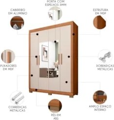 Guarda Roupa Solteiro 154cm 4 Portas Espelho Brasid Freijó/Off C01 - M