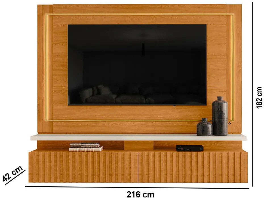Painel TV 75 Pol 216cm Bancada Suspensa Ripado Lurian M20 - D'Rossi - Cinamomo e Off White
