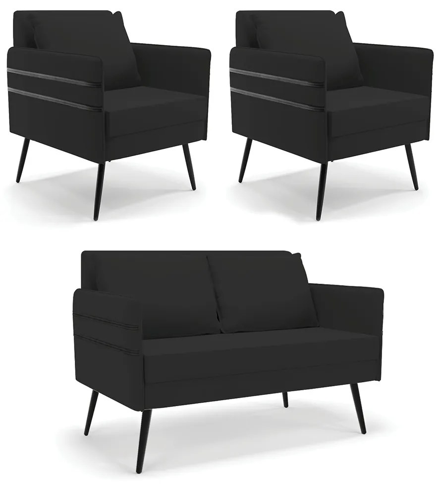 Kit 01 Namoradeira 02 Lugares e 02 Poltronas Mari Veludo Preto Pés Palito de Ferro