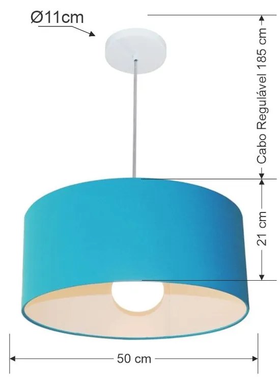 Lustre Pendente Cilíndrico 4052 Cúpula em Tecido 50x21cm Azul Turquesa - Bivolt