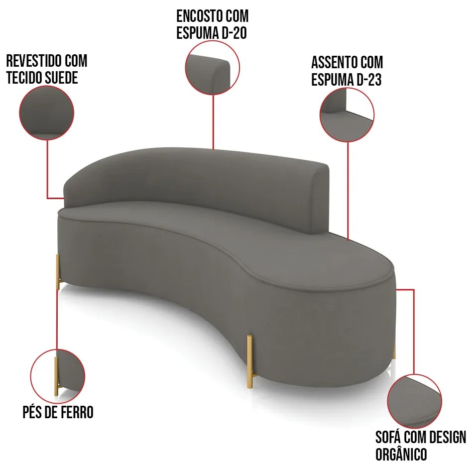 Sofá 4 Lugares Orgânico 220cm Pé Dourado Morgan Suede D03 - D'Rossi - Grafite