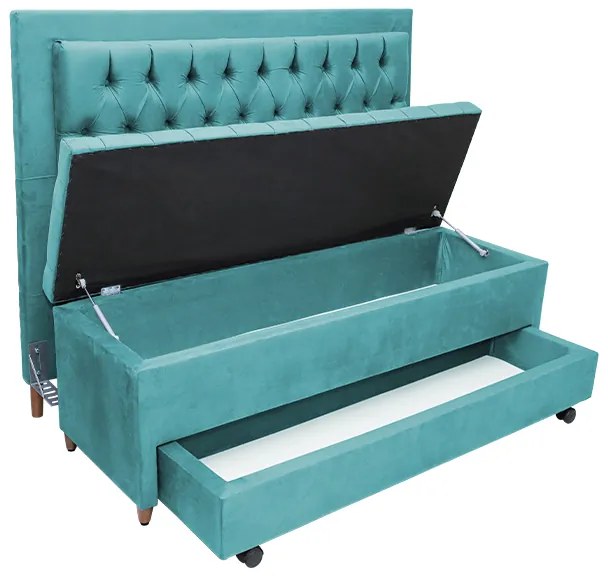 Cabeceira com Calçadeira Baú Casal King 195cm Paris Capitonê Suede Turquesa - Sheep Estofados - Água