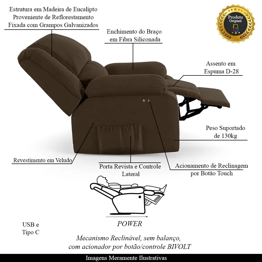 Poltrona do Papai Reclinável Sala de Cinema Madrid Power Touch USB Veludo Marrom G23
