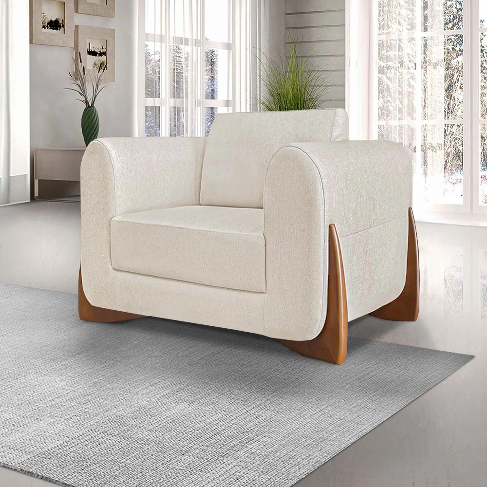 Kit 2 Poltronas Decorativas Pés em Madeira Buzz Linho Off White Rústico G63 - Gran Belo