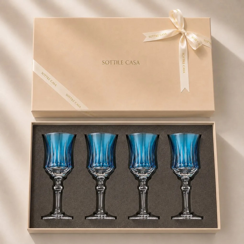 Kit 4 Taças de Cristal Flauta Lapidado 66 p/ Vinho Tinto c/ Caixa de Presente - Azul Claro  Azul Claro