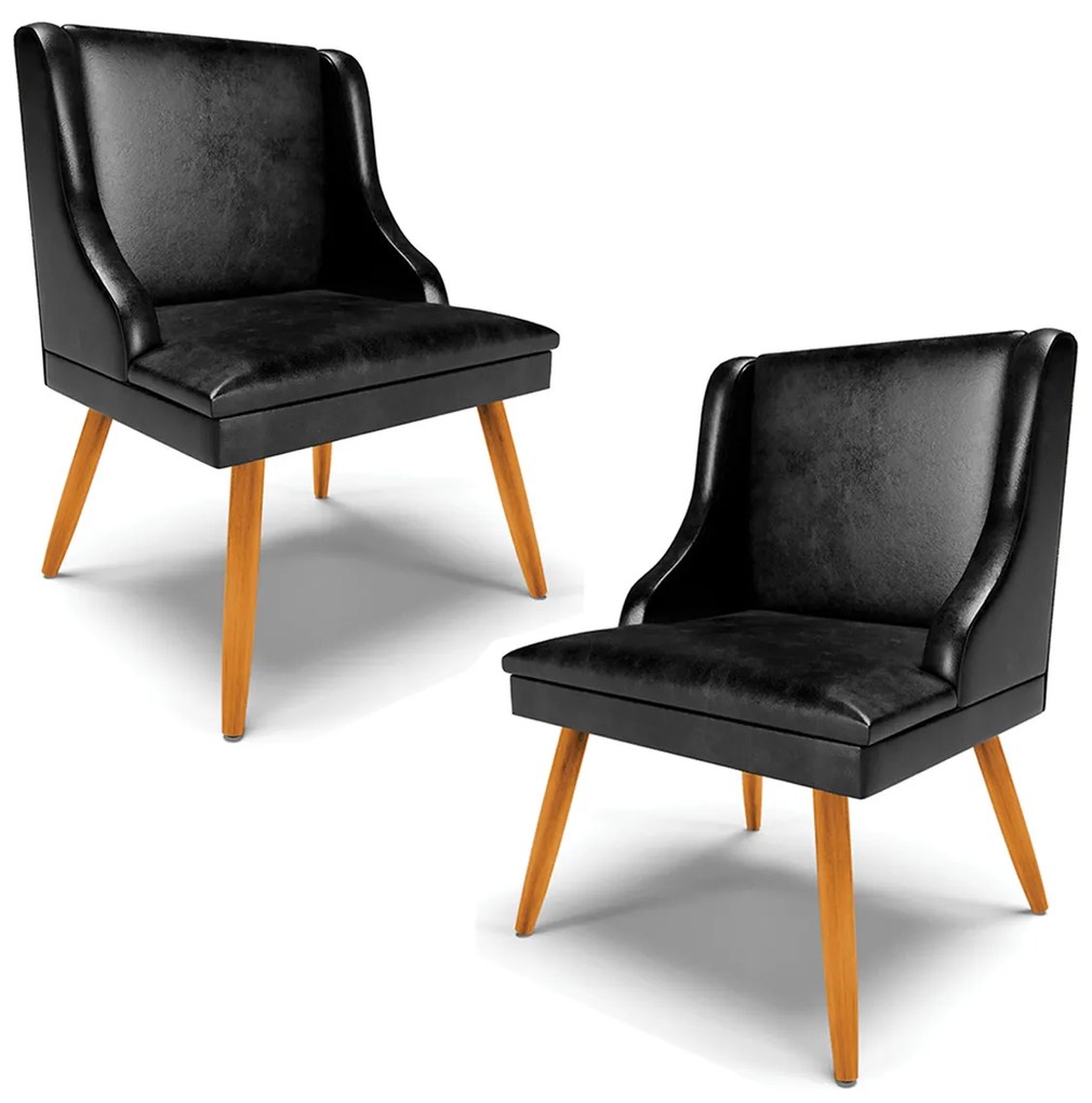 Kit 2 Cadeiras Decorativas Sala de Jantar Pés Palito de Madeira Firenze PU Preto Brilho/Natural G19 - Gran Belo