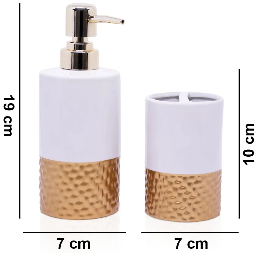 Kit Banheiro 01 Porta Sabonete Liquido e 01 Porta Escova Em Cerâmica Branco e Dourado - D'Rossi