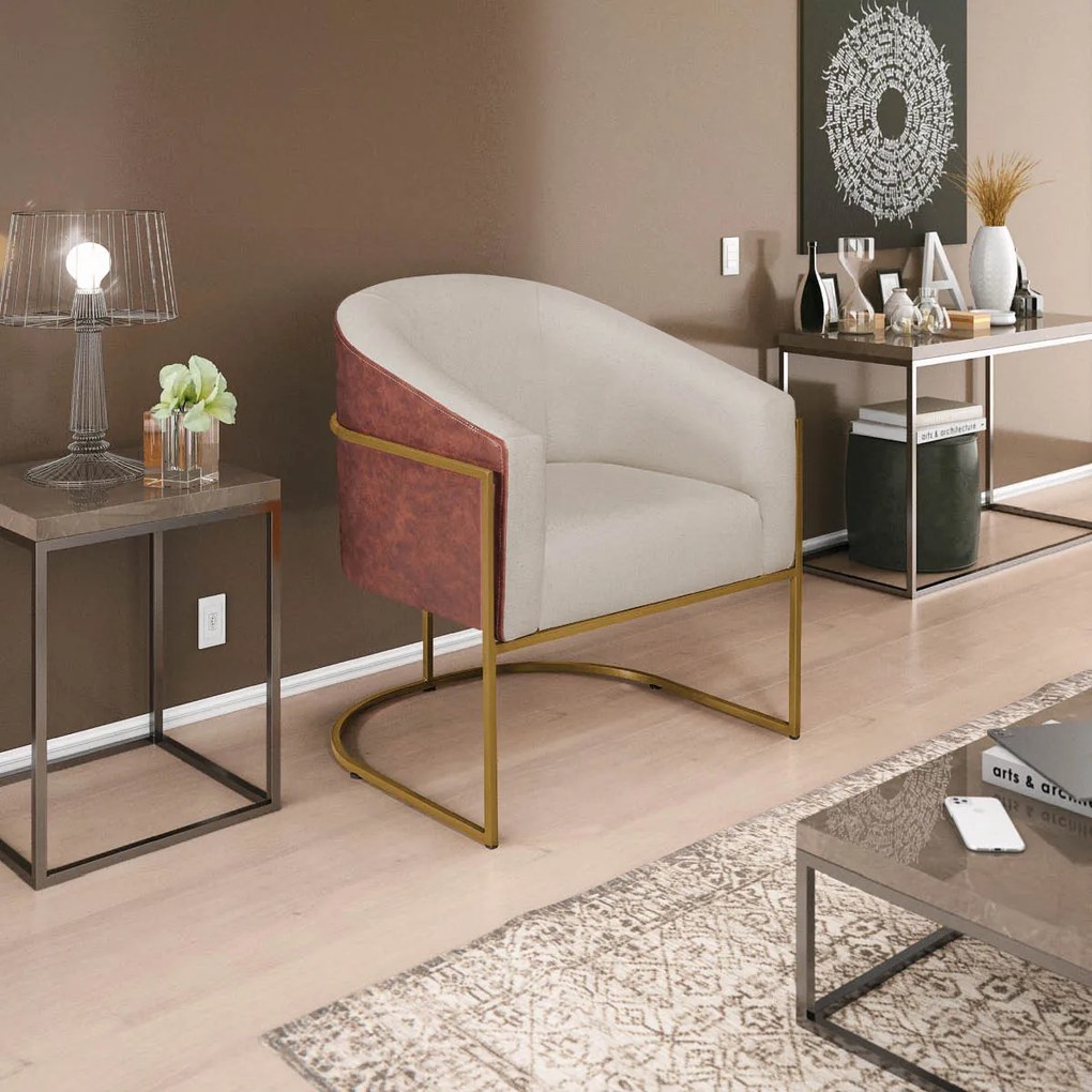 Kit 02 Poltronas Luiza Base de Ferro Dourado Corano Nozes e Linho Bege - ADJ Decor