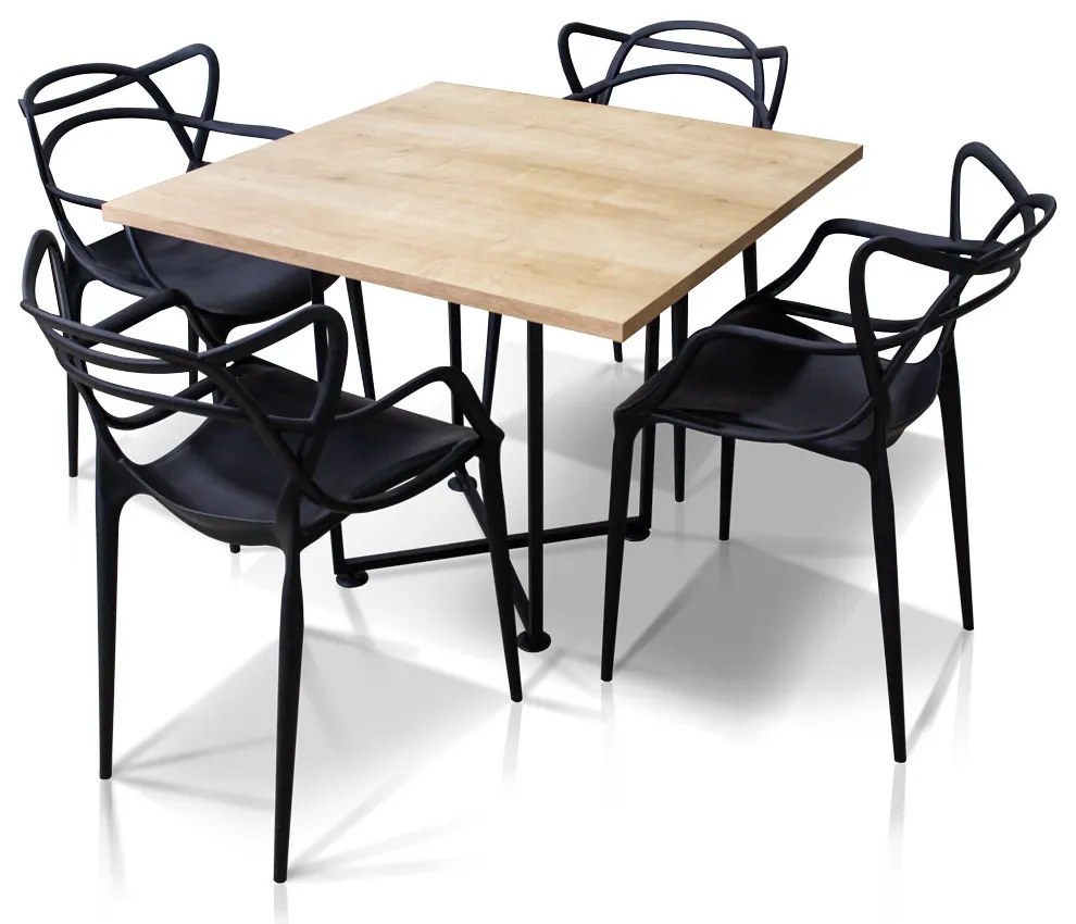 Kit 04 Cadeiras Allegra Preto e 01 Mesa de Jantar 04 Lugares Jade 90 cm Natural Base Metálica Industrial Preto - D'Rossi