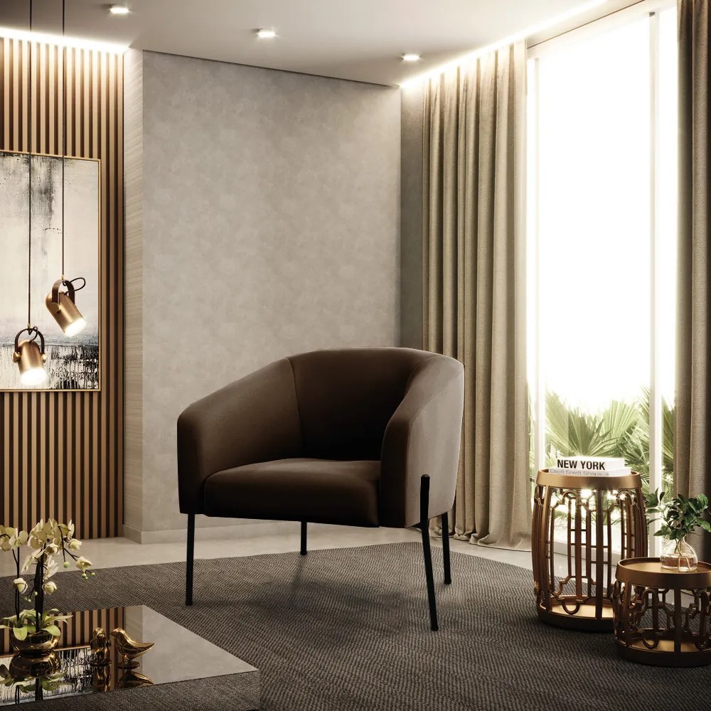 Poltrona Sala Decorativa Pé de Ferro Preto Kit 2 Stella Suede D03 - D'Rossi - Marrom