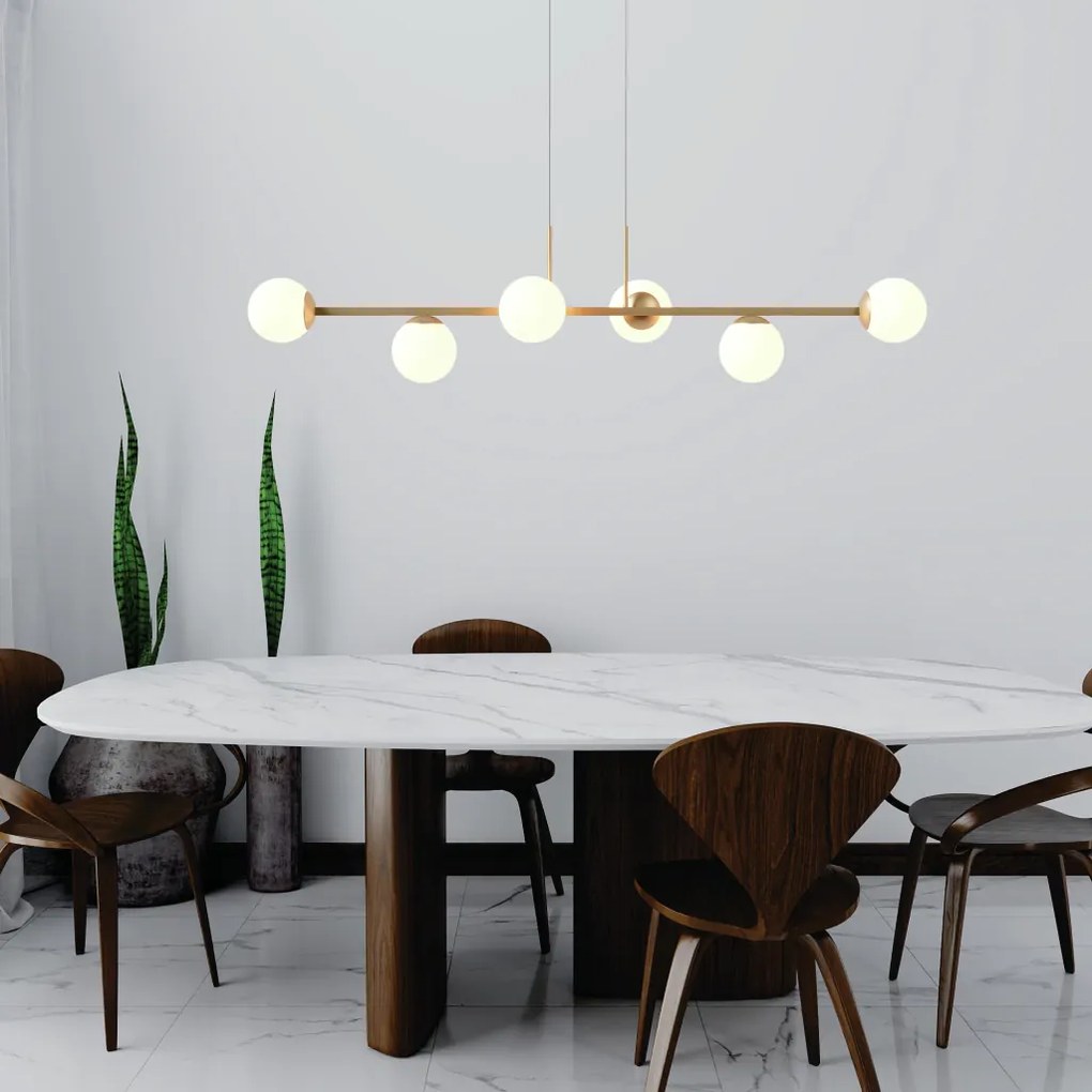 Pendente Six Retângular 124X25,5X27Cm Alumínio E Globo Ø12Cm Fosco 6Xg... (CHAMPANHE, FOSCO)