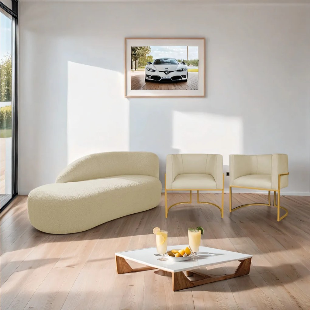 Kit Divã Luna 140cm Lado Esquerdo e 02 Poltronas Base de Ferro Dourado Suede