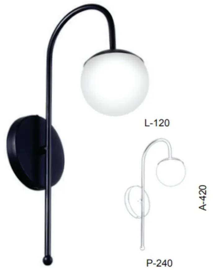 Arandela Globo Haste Curva Simples 12X24X42Cm Metal E Globo Ø12Cm 01Xg... (FERRUGEM, FOSCO (BRANCO))
