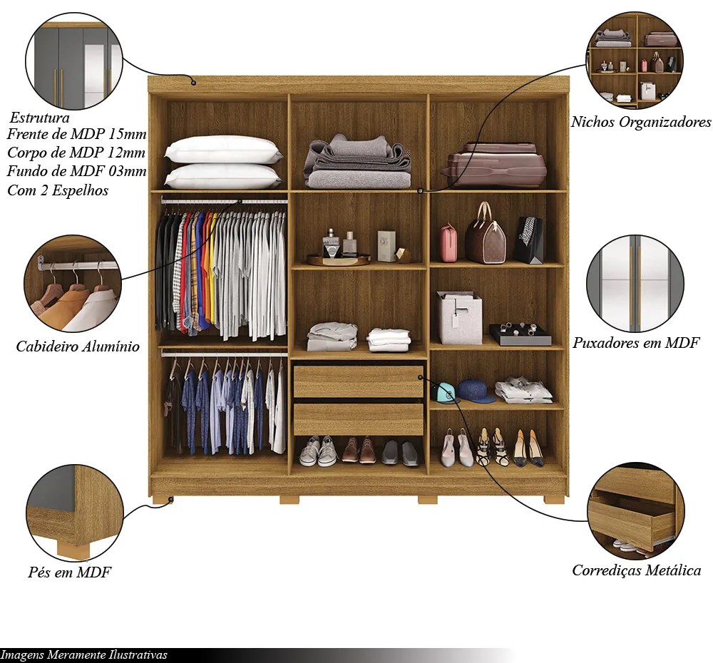 Guarda Roupa Casal Doral 6 Portas de Bater 2 com Espelhos 2 Gavetas Nature/Chumbo G98 - Gran Belo