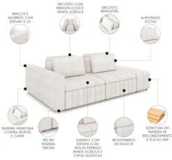 Sofá Ilha e Puff Sala Living 245cm Siesta Z32 Boucle Bege Claro - Mpoz