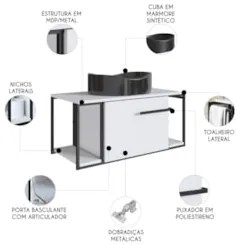 Gabinete Banheiro Suspenso 80cm Cuba Oval Ripy Branco/Preto Z54 - Mpoz