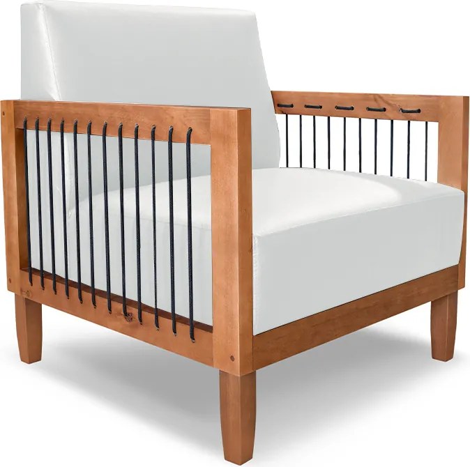 Poltrona Sala de Estar Pés Madeira Maciça Corda Náutica Preta 75cm Manila PU Branco G63 - Gran Belo