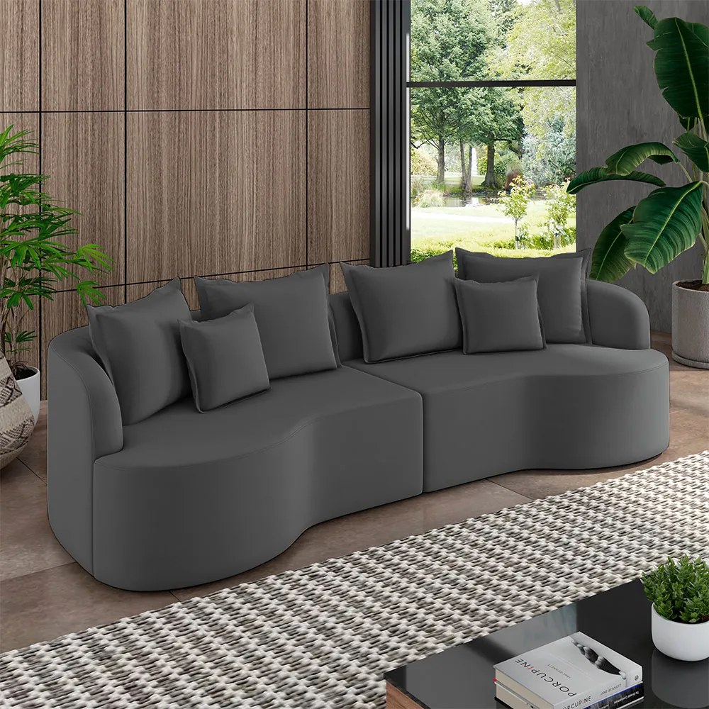 Sofá Living Decorativo Salinas 4 Lugares com Almofadas 270cm Modulado Veludo Grafite G33- Gran Belo