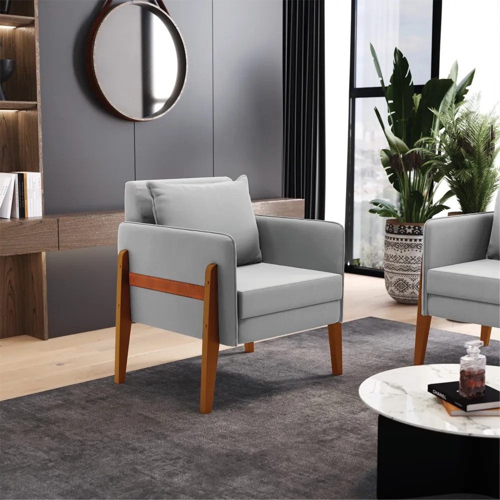 Poltrona Lana Suede Base de Madeira - D'Rossi - Cinza