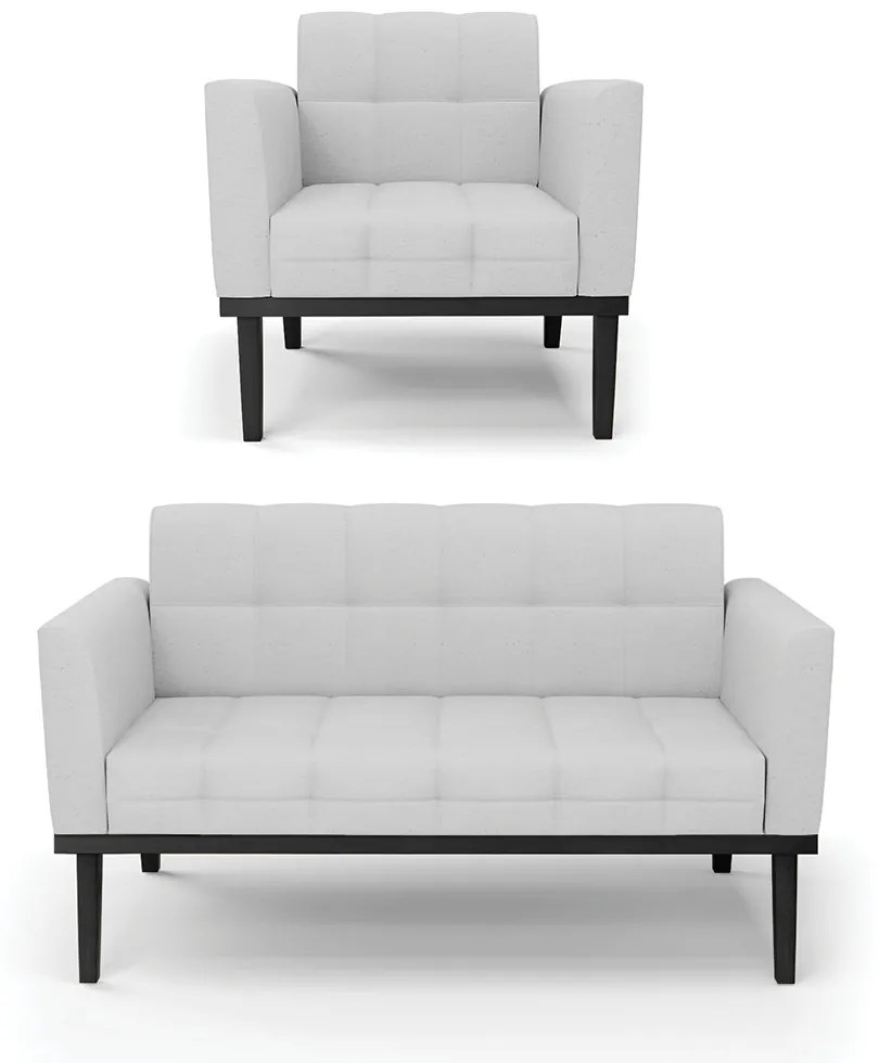 Conjunto Poltrona e Namoradeira Decorativa Karen Pés Fixo em Madeira Preto Linho Cinza G19 - Gran Belo