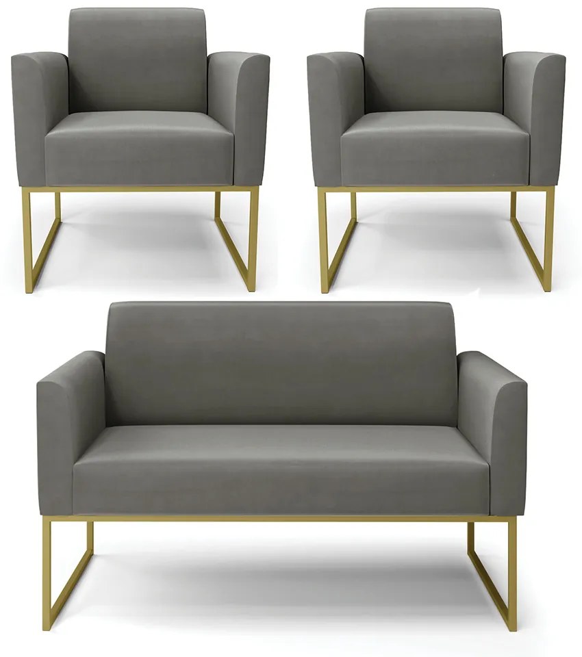 Sofá Namoradeira com 2 Poltronas Base Industrial Dourado Marisa Suede Grafite D03 - D'Rossi
